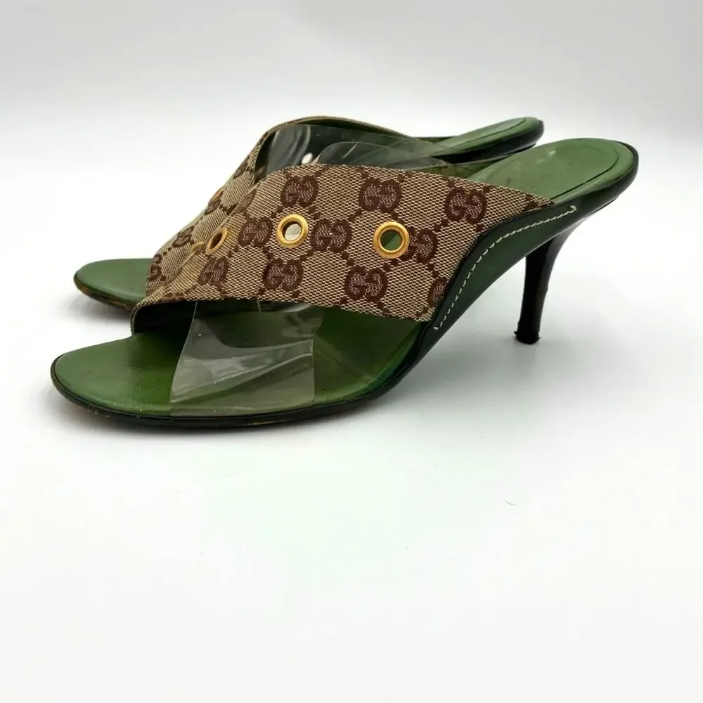 8.5 Vintage Gucci GG Monogram Canvas PVC Green & Brown Mules